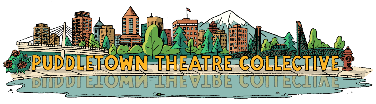 Puddletown Theatre Collective — hand-drawn Portland skyline reflected in the river.